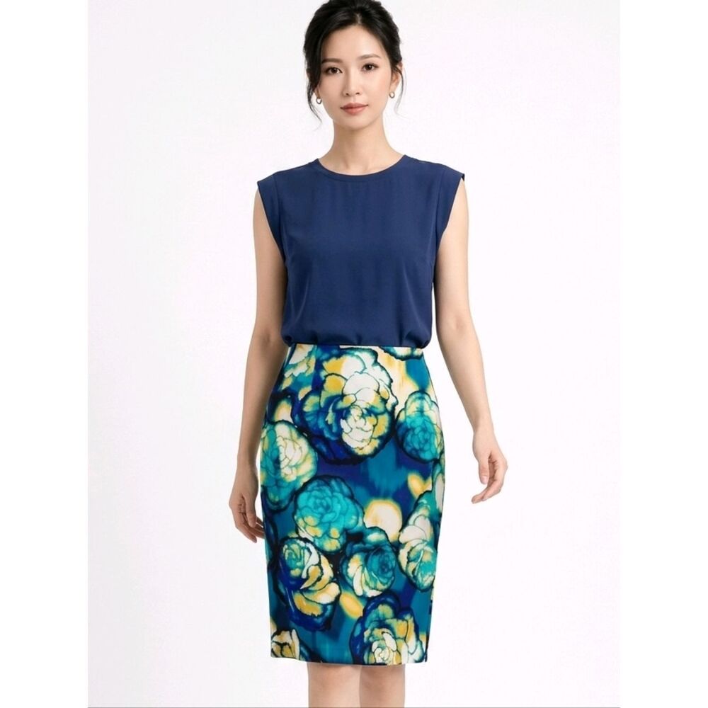 Worthington Julia Teal Floral Patterned Side Zip Pencil Skirt Size 8